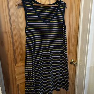 Pact Navy V-Neck Tee with Yellow, Lavender & Tan Stripes, organic cotton